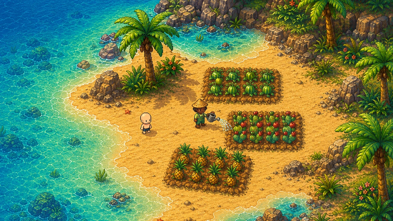 A hired farmer watering the sand beds while the hero watches from the shoreline