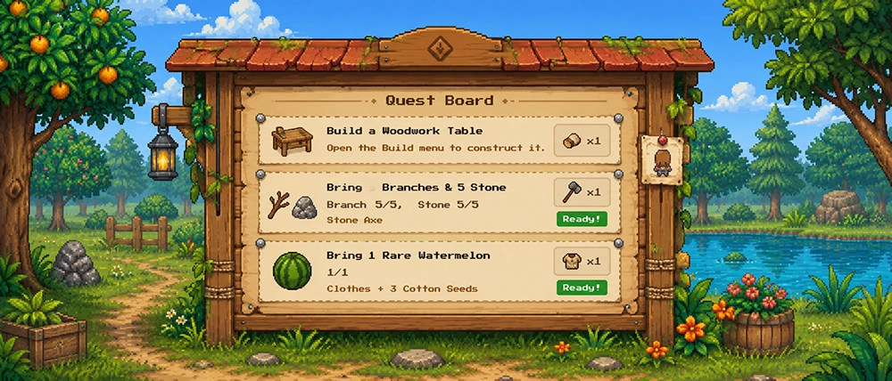 Quest board with several orders pinned under a wooden roof