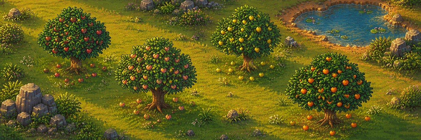 A grove of apple, peach, lemon and orange trees with fallen fruit