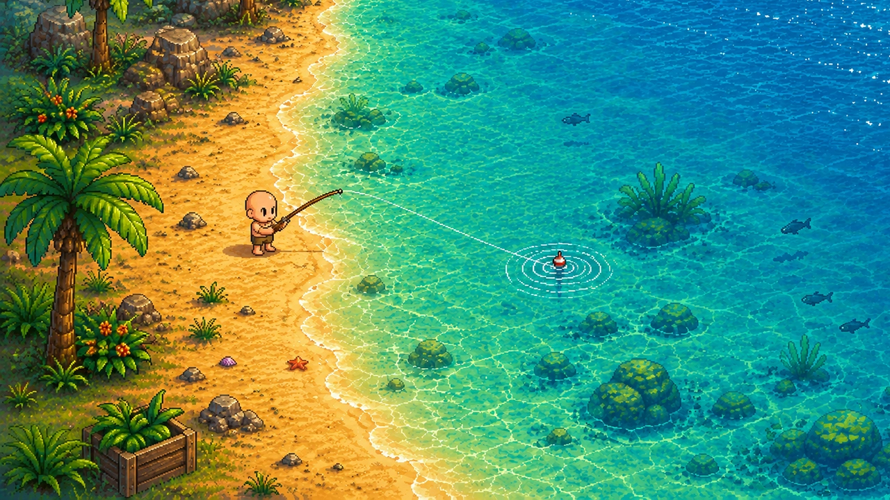 Farmer fishing from the beach with a bobber floating on turquoise water