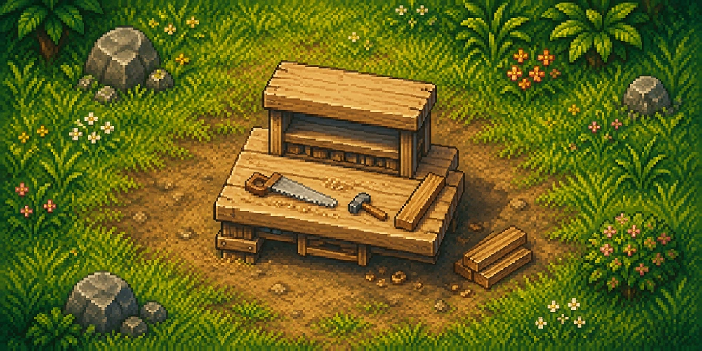 Woodwork table with saw and planks