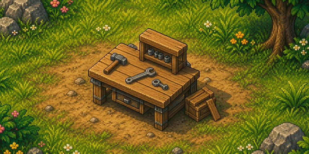 Repair bench with hammer and wrench
