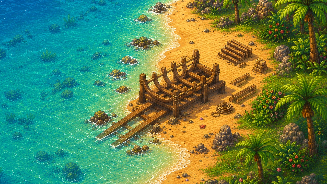 Wooden slipway under construction where the sand meets the sea