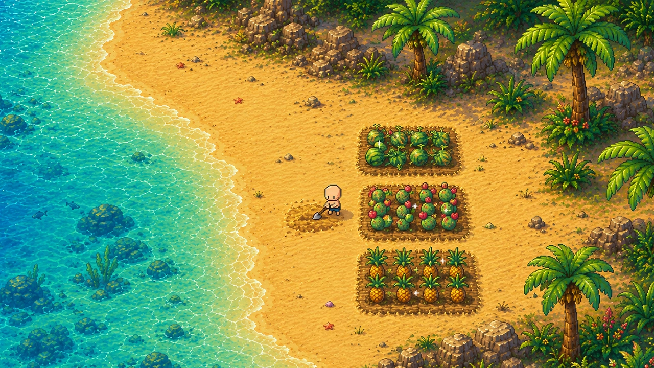 Hoeing the sand beside the surf, with beds of watermelons, prickly pears and pineapples