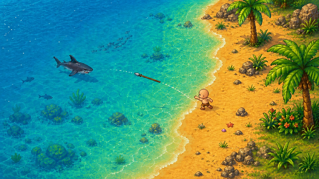 Farmer on the sand edge throwing a spear at a shark in the shallow bay