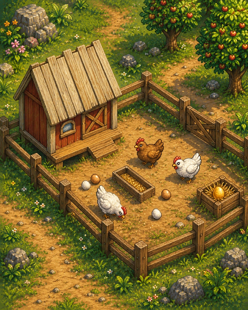 Chicken coop with a feeder and eggs