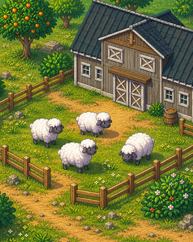 Sheep barn with grazing sheep