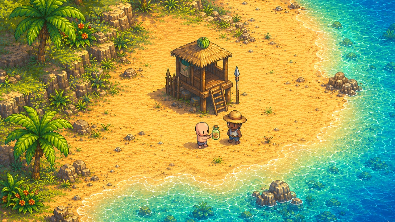 Handing a bottle of juice to the guard beside his watchtower on the beach