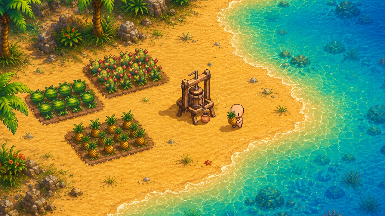 A wooden juice press on the sand with a jug filling, beach fruit beds behind