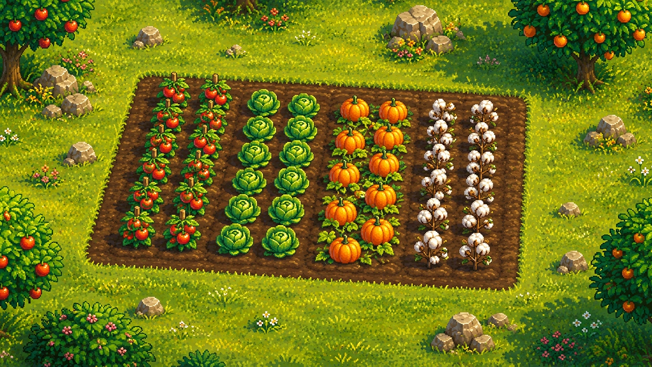 Soil beds with rows of tomatoes, cabbage, pumpkins and cotton